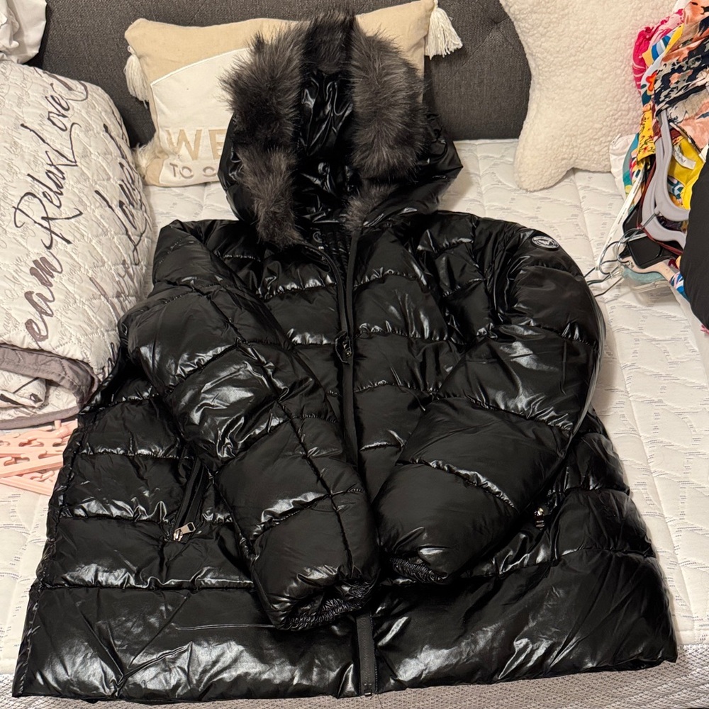 White Mark Black Quilted Puffer Jacket with Faux Fur Trimmed hood